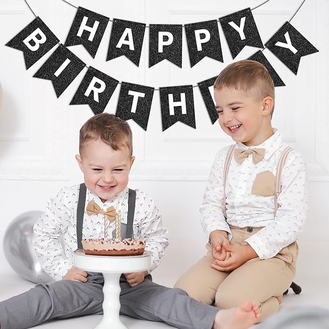 Hooqict Black Happy Birthday Banner Sign for Backdrop Black Birthday Decorations for Men Women Party Supplies Wall Door Banner Garland Bunting Flag