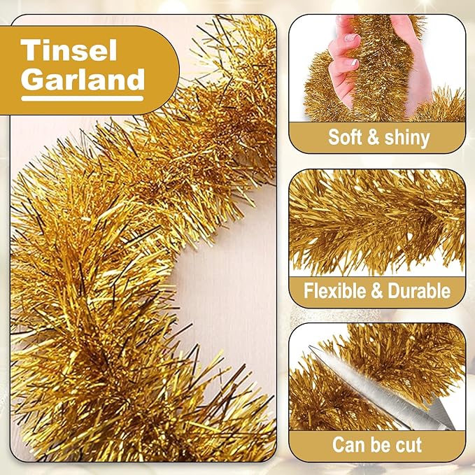25 Feet Christmas Tinsel Garland, Metallic Twist Garland Wall Hanging Tinsel Garland Backdrop for Parade Floats, Carnival, Birthday, Wedding, New Year Party Decorations (Champagne Gold, 4in x 25ft)