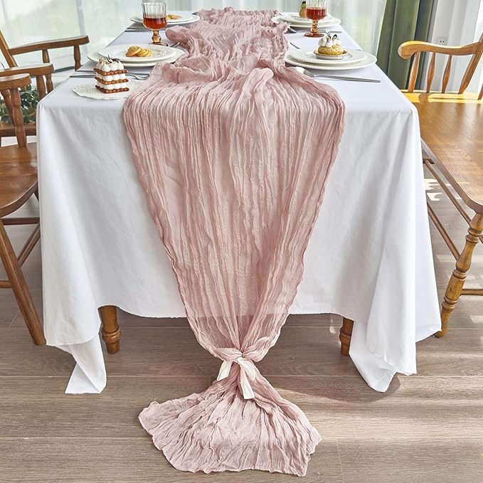 IVAPUPU 4 Pcs Cheesecloth Table Runner - 10ft Dusty Pink Easter Spring Boho Gauze Cheese Cloth Table Runners for Baby Shower Decoration Wedding Party Summer Garden Farmhouse Decor