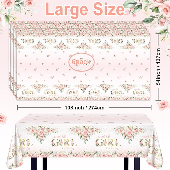 Avezano 6 pcs Girl Baby Shower Tablecloth 108x54 inch Pink Floral Baby Shower Party Tablecovers Disposable A Sweet Little Girl is on Her Way Table Cloth Plastic