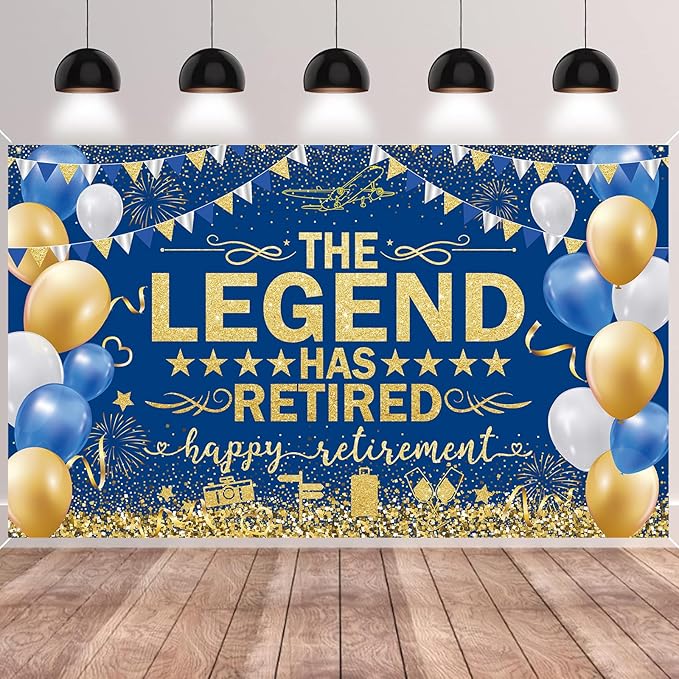 Blue Gold The Legend Has Retired Banner Backdrop Photography Background Hanging Happy Retirement Party Decoration for Men Women Office Colleagues Farewell Accessories Supplies 72.8 * 43.3in