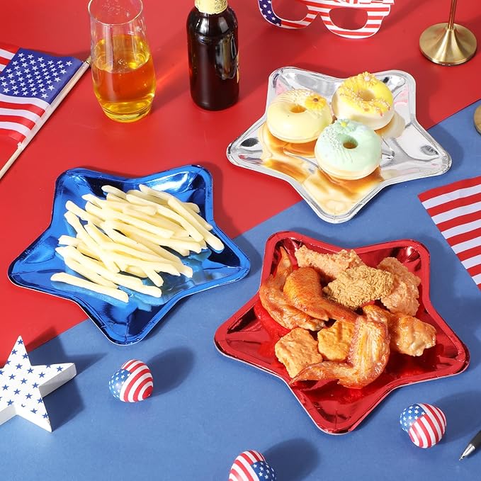 Patelai 30 Pieces Thick Star Shaped Paper Plates Disposable Party Plate Pentagram Dinnerware Decorations for Graduation Independence Day Wedding Birthday Baby Shower, 9.45 Inch (Red, Blue, Silver)