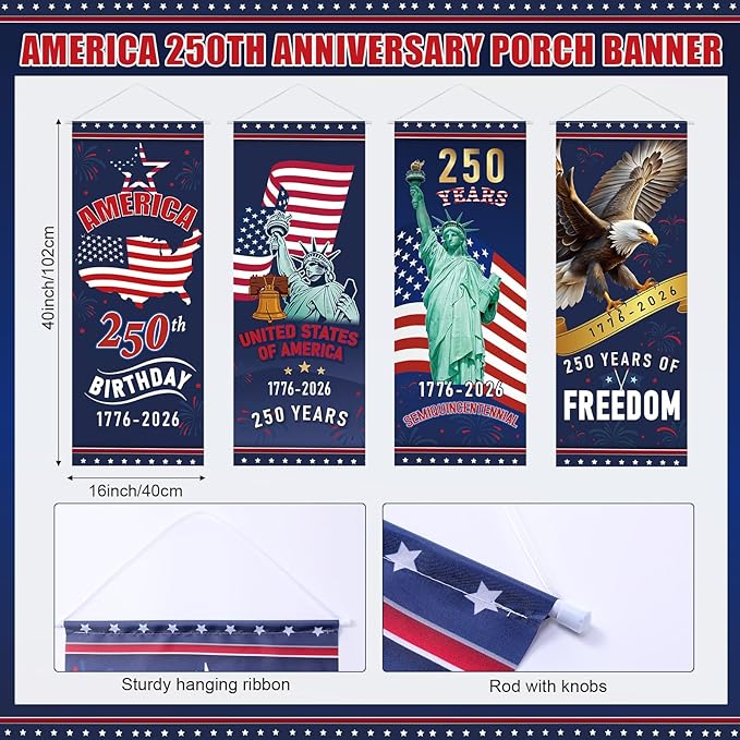 Panelee 4 Pcs 250th Anniversary Banner Decoration Patriotic American Flag Porch Banner 250th Anniversary Hanging Backdrop for Independence Day 4th of July Wall Indoor Outdoor Decor