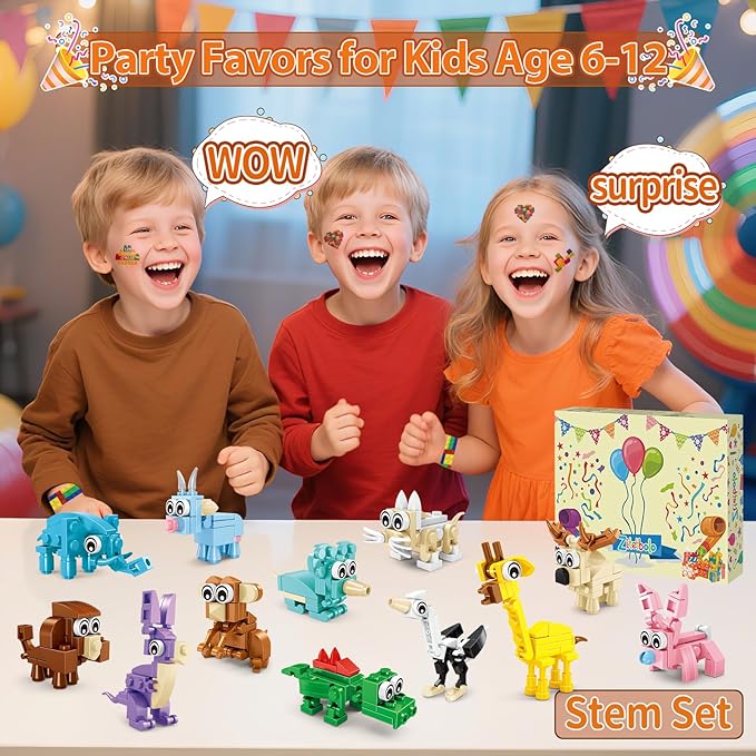 Party Favors for Kids Ages 6-12, 134 Pcs Building Blocks Toys for Boys Girls Kids with Temporary Tattoo Gift Bag, Goodie Bags & Stocking Stuffers Kid Classroom Prizes, Birthday Gifts Party Decorations