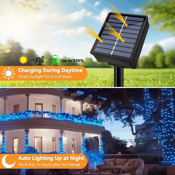 Solar String Lights Outdoor Waterproof 33ft 100LED 8 Modes Twinkle Lights Solar Fairy Lights for Patio, Garden Yard Party Wedding Tree Christmas Halloween Decoration, Blue
