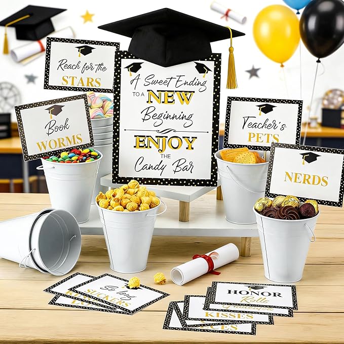 12 Set 2026 Graduation Candy Buffet Party Decoration Graduation Table Candy Bar Snack Labels Signs and 5'' Buckets with Handle for Class of 2026 Party Parties Supplies(Star Style,White)