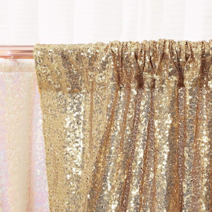 PartyDelight Light Gold Sequin Backdrop 6x6ft - High Density 3mm Shimmer Sequin Background with 4-Inch Rod Pocket, Sparkly Photography Curtain for Wedding, Birthday, TikTok & Live Decor