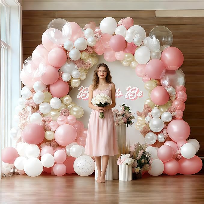 Light Pink White Balloon Arch, Double Stuffed Pastel Pink White Sand Pearl Balloon with Clear Latex Balloon for Baby Shower Birthday Bridal Mother’s Day Party Decorations