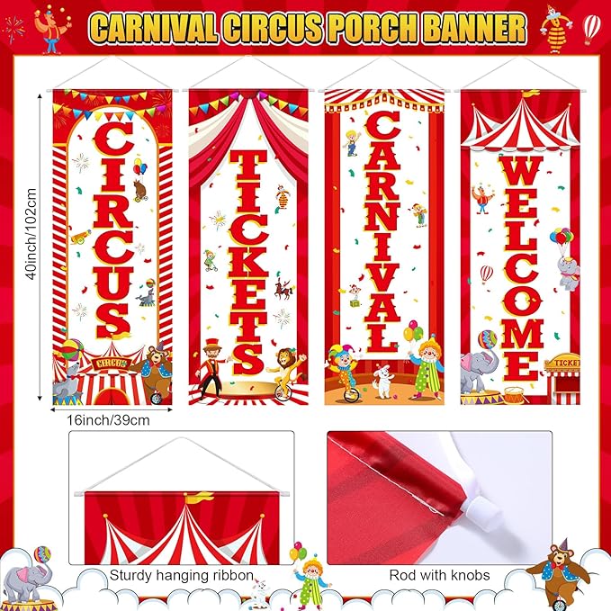 Panelee 4 Pcs Carnival Circus Party Decorations Welcome Carnival Circus Tickets Porch Banner Hanging Backdrop for Halloween Birthday Baby Shower Door Wall Indoor Outdoor Decor