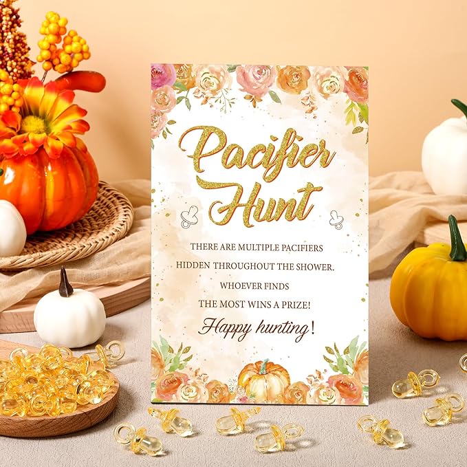 Thyle 51 Pcs Fall Baby Shower Games a Little Pumpkin Is on The Way Pacifier Hunt Include Hunt Sign and 50 Acrylic Pacifiers for Thanksgiving Autumn Baby Shower Pumpkin Gender Reveal Party Decor