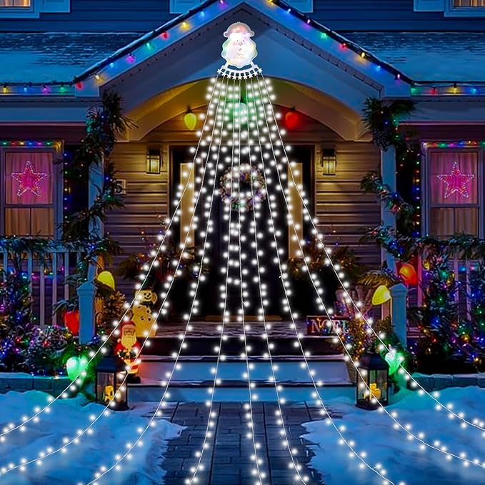 Christmas Waterfall Outdoor String Lights, Christmas Tree Lights with Topper 335 LED 11.48ft 9 Strands, 8 Lighting Modes Holiday New Year Decoration Lights for Wedding Yard Party Home Indoor Decor