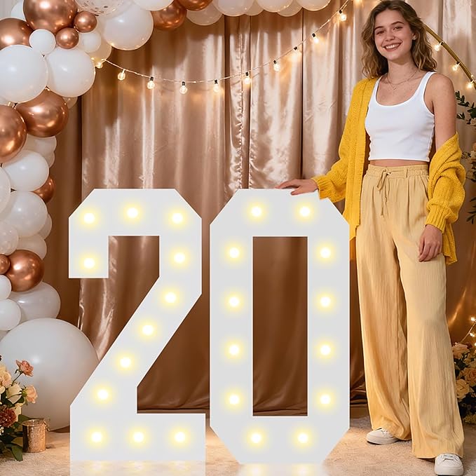 Pooqla 2.4FT Light Up Numbers for 20 Year Old Boy Girl Gifts, Marquee Numbers 2.4 Feet Tall Party Decor for Her Him, Mosaic Big Sign for 20th Birthday Decoration Backdrop, Warm White Large Number 20