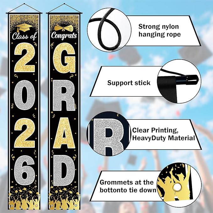 OHOME Graduation Decorations 2026 - Black Gold Congrats Grad Porch Banner for Graduation Party Decorations - Class of 2026 - Party Favors Supplies Backdrop Yard Signs Decor (Black)
