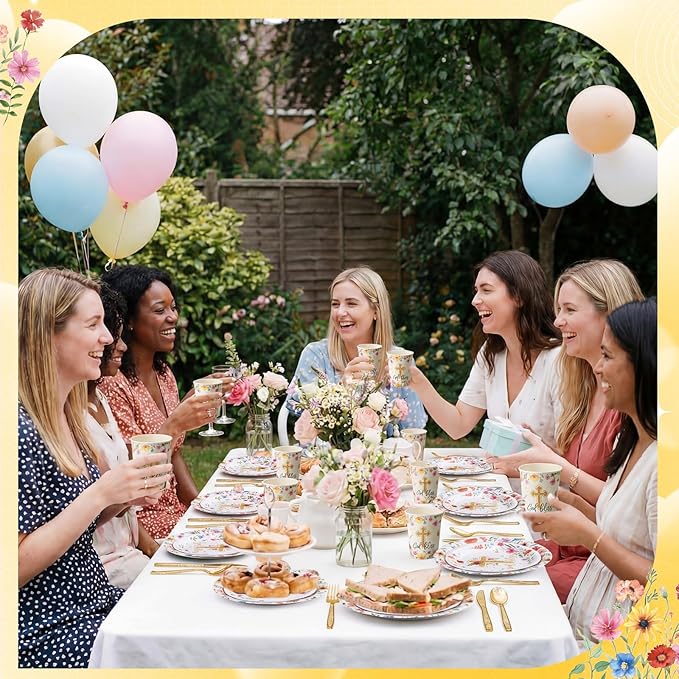 400 Pcs God Bless Flower Baptism Party Decoration Girl for 50, Confirmation Baptism Paper Plates Napkins Cups Cutlery First Holy Communion Tableware for Christening Baby Shower Party Supply