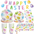 102 Pcs Easter Party Decorations Set - Spring Watercolor Eggs Paper Plates and Napkins Kit, Includes Happy Easter Banner, Plates, Napkins, Cups, Plastic Tablecloth for Easters Supplies Table Decor