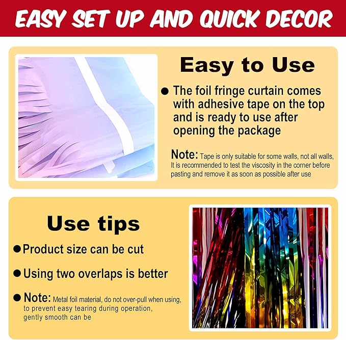 6 Pack Rainbow Foil Fringe Curtains Backdrop, 3.28 x 9.8 Ft Metallic Streamers Tinsel Curtains Background for Photo Booth, Birthday, Halloween, Christmas, Thanksgiving, New Year Party Decorations
