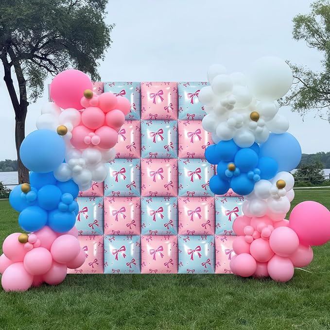 Pink and Blue Foil Balloon Wall Square, 19 Inch 25PCS Bow Print Double Sided Baby Blue Pastel Pink Balloon Backdrop Tunnel Arch Kit for Baby Shower Gender Reveal Birthday Bridal Party Decor