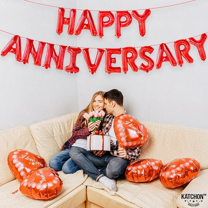 KatchOn, Red Happy Anniversary Balloons Banner - 16 Inch | Happy Anniversary Decorations | Red Happy Anniversary Backdrop
