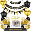 Happy Anniversary Decorations Kit - 26 Pcs Black Gold Birthday Banner Supplies Cake Topper Foil Latex Ballons Glitter Shoulder Strap Decor for Men and Women Wedding Party Decoration