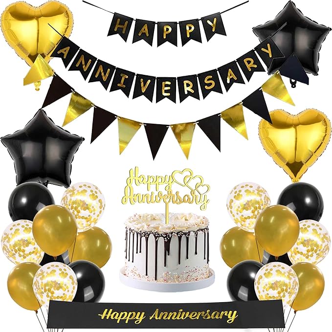 Happy Anniversary Decorations Kit - 26 Pcs Black Gold Birthday Banner Supplies Cake Topper Foil Latex Ballons Glitter Shoulder Strap Decor for Men and Women Wedding Party Decoration
