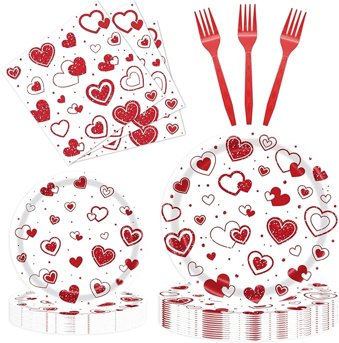 96 Pieces Valentines Day Love Plates and Napkins Party Supplies, Red Heart Disposable Tableware with Paper Plates Napkins and Forks for Valentine Day, Wedding Anniversary Party Favors - Serves 24