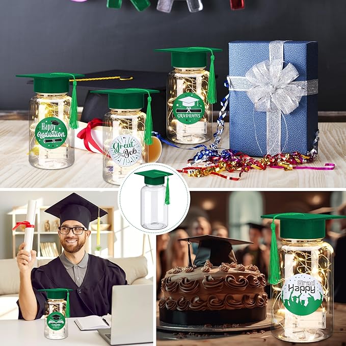 Boao 16 Sets Graduation Table Decoration Set with LED Light up Graduation Decorations for Class of 2026, Grad Jar, Felt Grad Hat and Stickers for High School College(Green,Vivid)