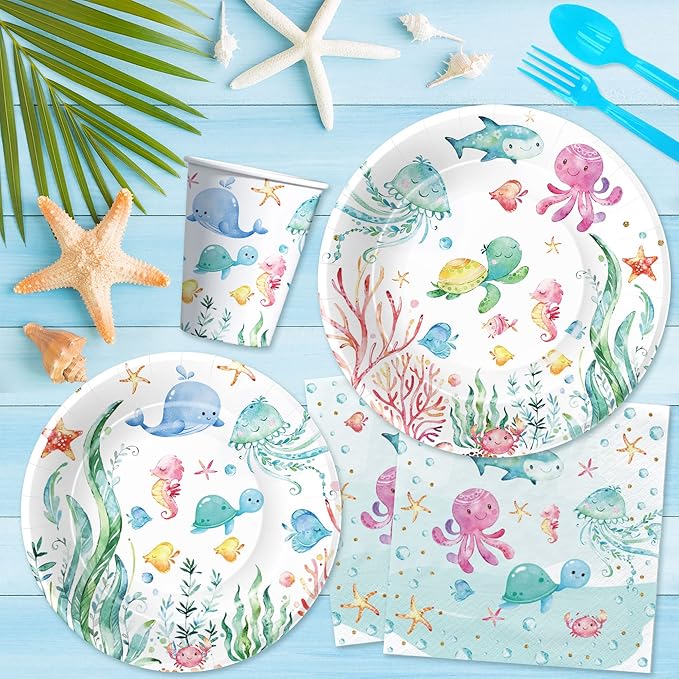 APOWBLS Under The Sea Party Decorations For Ocean Theme Birthday Baby Shower, Ocean Under The Sea Party Supplies, Plate, Cup, Napkin, Tablecloth, Cutlery, Underwater Sea Life Party Tableware, Serve 24