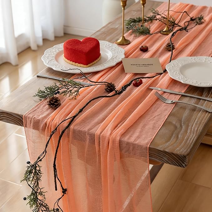 Keketoarrange Fresh Salmon Easter Spring Cheesecloth Table Runner Valentines Decor Peach Echo Gauze 120 Inch 10 FT Boho Table Runner for Wedding Baby Shower Bridal Shower Party Sheer Home Decorations