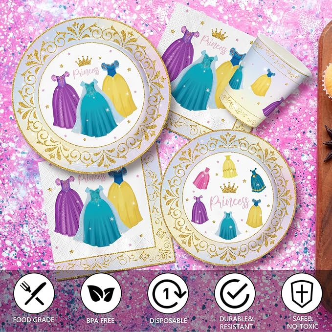 168pcs Princess Birthday Party Decorations Princess Plates Napkins Girls Paper Cups Party Supplies Disposable Tableware Set for Kids Girls Birthday Decor 24 Guests
