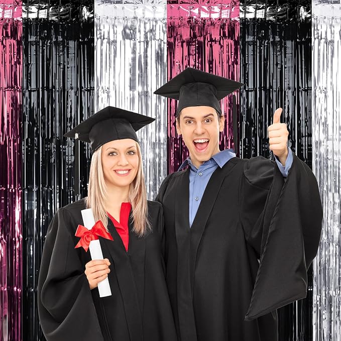 6 Pack 3.3Ft x 6.6Ft Graduation Foil Fringe Curtain Backdrop Decorations, Maroon Black Silver Metallic Tinsel Foil Streamers Curtain Photo Booth Background for Graduation Prom Wedding Birthday Party