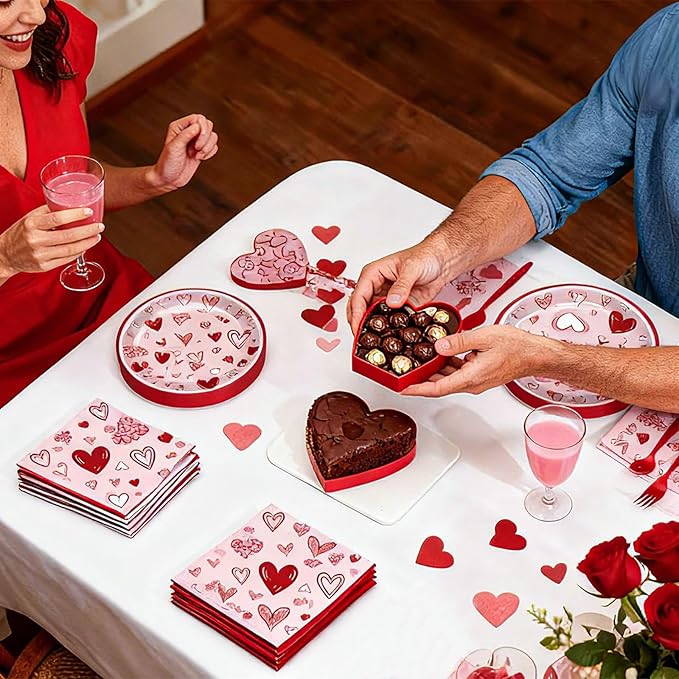 100 Pcs Valentine’s Day Heart Tableware Party Supplies Set, Serves 25 – Disposable Pink & Red Heart Paper Plates, Napkins, and Forks for Romantic Dinner, Bridal Shower, Love-Themed Party Decorations
