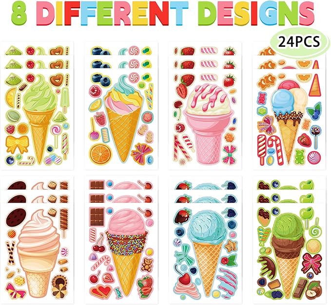 24 Sheets Ice Cream Make a Face Sticker Sheets for Kids Todders Activities, Make Your Own Stickers for Kids Birthday Party Favor Supplies Craft