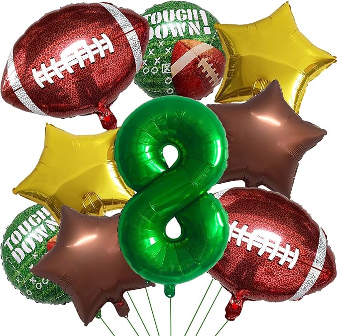 Football Balloons Foil Football Birthday Decorations Balloons Green Number 8 Balloon Gold Brown Star Touchdown Ballons for Rugby Birthday Decorations Sports Ballons Arch Kits Party Balloon Sets 9pcs