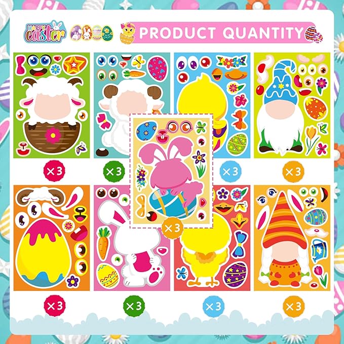 27 Sheets Easter Stickers Easter Gifts for Kids Toddlers Make Own Face Gnome Bunny Sheep Rabbit Colored Egg Chicks School Game Activities Party Favor Supplies