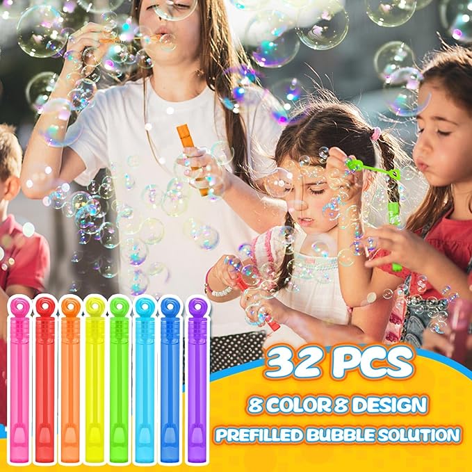Goodie Bags Stuffers for Kids Party, 32 Pack Mini Neon Bubble Wands for Party Favors Supplies in Gift Box, Classroom School Reward, and Pinata Filler Toys, Birthday Decorations, Small Halloween Treats