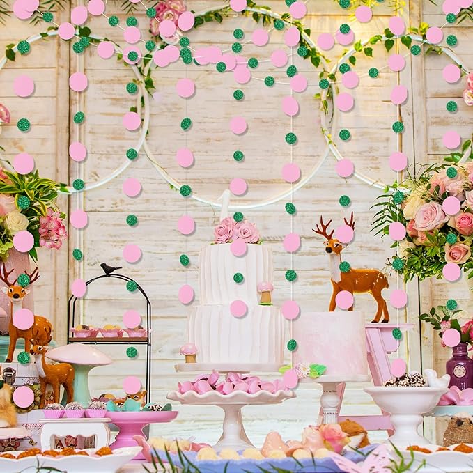 Outus 5 Pieces Pink,Green Round Dots Garland Easter Graduation Party Hanging Decor Each Length 13.1ft Glitter Paper Dot Streamers for Birthday Wedding Classroom