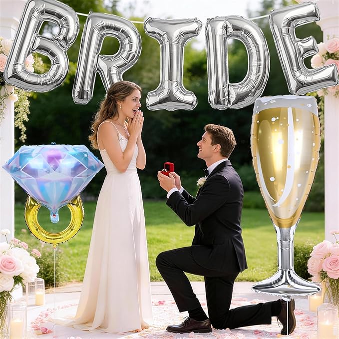 40inch Silver Bride Balloons Bachelorette, Bride To Be Bridal Shower Balloon Diamond Ring Champagne Glass Foil Balloon for Bachelorette Bridal Shower Engagement Wedding Hen Night Room Party Decoration
