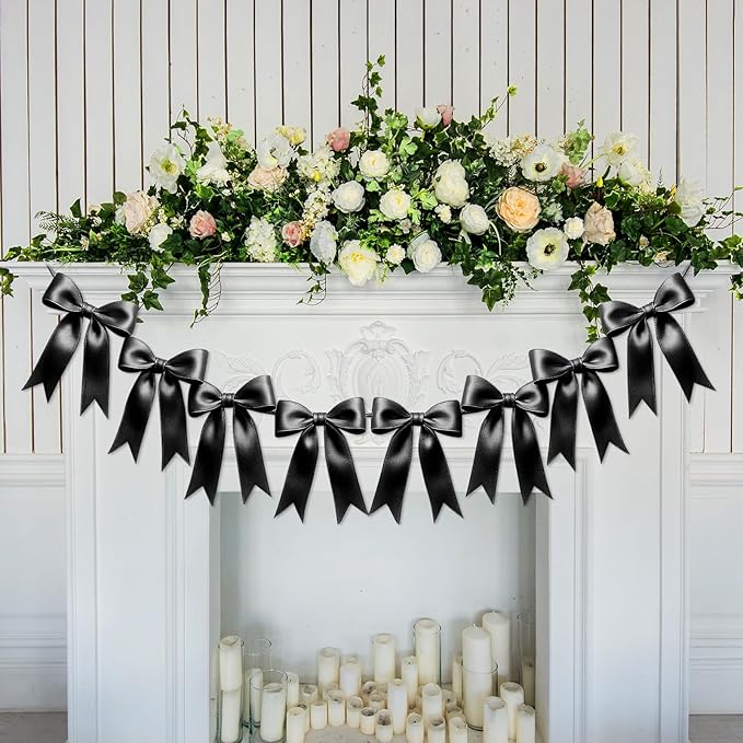 2 Strings of 16PCS Black Bow Garlands Banner Decoration,Pre-Strung Satin Ribbon Ornaments for Birthday,Bachelorette Party,Bridal Shower,Wedding,Engagement,Baby Shower, Graduation Decor,Anniversary