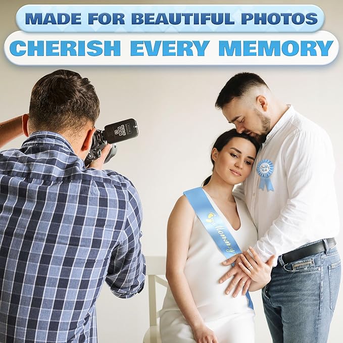 Baby Shower Sash for Mommy - Blue Glossy Satin with Gold Glitz Letters Mom to Be Baby Shower Decorations Boy for Cute Appearance - Mommy to Be Sash with Dad to Be Pin, Gender Reveal Party Gifts