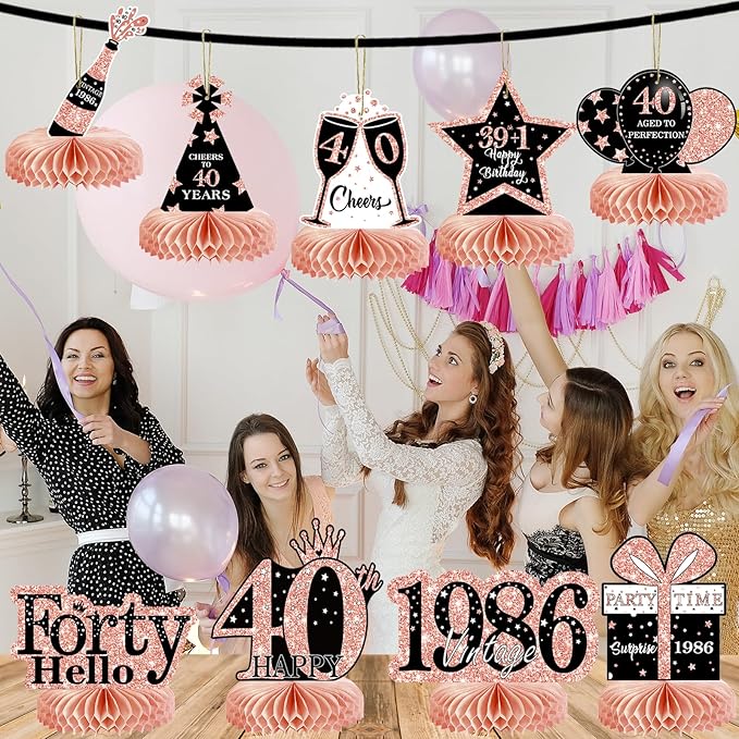 9Pcs 40th Birthday Decorations Honeycomb Centerpieces for Women, Rose Gold Pink Happy 40th Birthday Centerpieces Tables Toppers Party Decorations Supplies, Vintage 1986 Aged Table Sign Decor