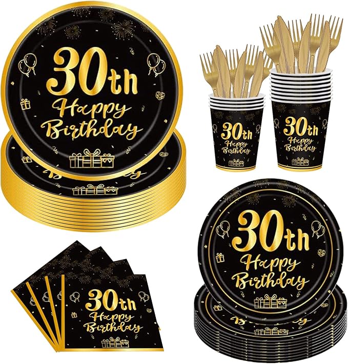 144PCS 30th Birthday Plates and Napkins Birthday Party Supplies 30th Birthday Party Decorations for Men Women Disposable Party Tableware Including Paper Plates Napkins Cups Forks Serve 24