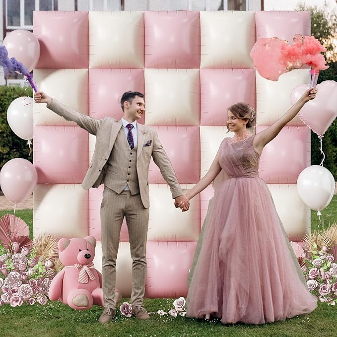 Pink Cream Balloons Square Foil Balloon, 25PCS Boho Baby Pink and Matt White Double Sided Foil Balloon Backdrop Wall Beige Flat Tunnel Background for Girls Women Birthdays Baby Shower Bridal Wedding