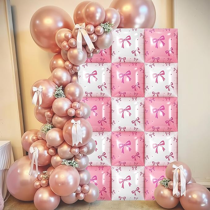 Pink and White Bow Square Foil Balloon Wall, 19 Inch 25Pcs Print Double Sided Baby Pink and Pearl White Balloon Backdrop Tunnel Arch Kit for Girls Women Birthdays Bridal Baby Shower Wedding