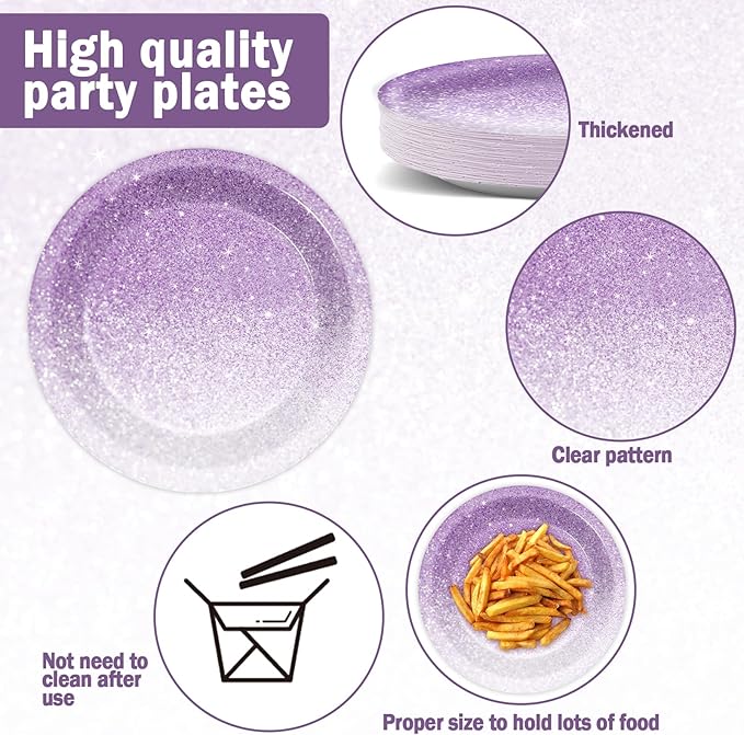 ZOiiWA 98 Pcs Gradient Pastel Purple Tableware - Plates, Napkins, Tablecloth & Party Decorations - Light Purple Sprinkle Wedding & Birthday Table Cover & Party Favors