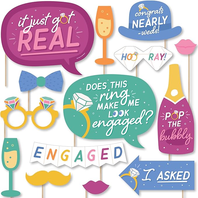 Big Dot of Happiness Engagement Photo Booth Props Kit - 20-Piece Props Set, Premium Party Photography Accessories, Celebration Decorations, DIY Assembly with Sticks and Adhesives - Colorful