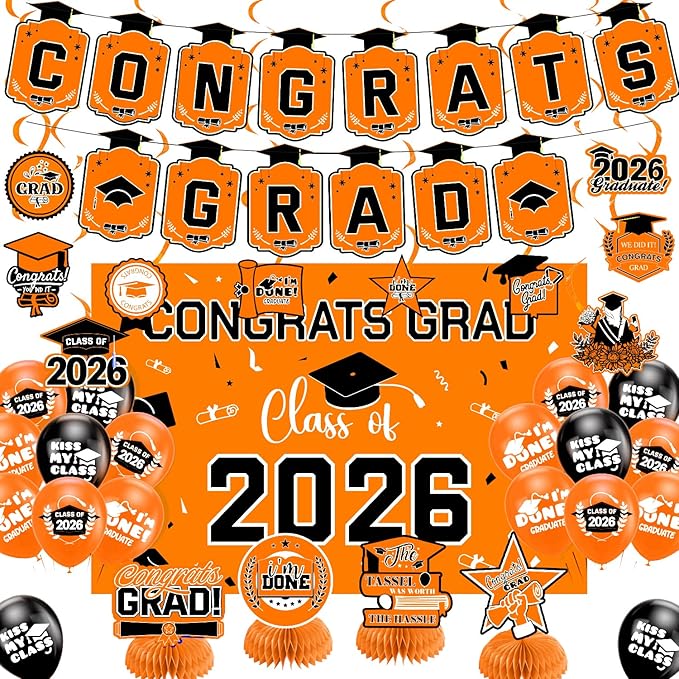 Graduation Decorations 2026 Orange Themed Set - Congrats Grad Banner, Class of 2026 Backdrop, Balloons & Streamers Kit - Complete Party Supplies for High School & College Celebrations