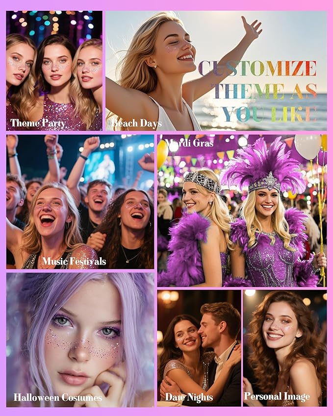 Glitter Freckles, Purple Temporary Face Tattoos Stickers, Body Face Glitter for Women Girls, Country Concerts Singer Festival Rave Accessories (Purple - 10 pcs)