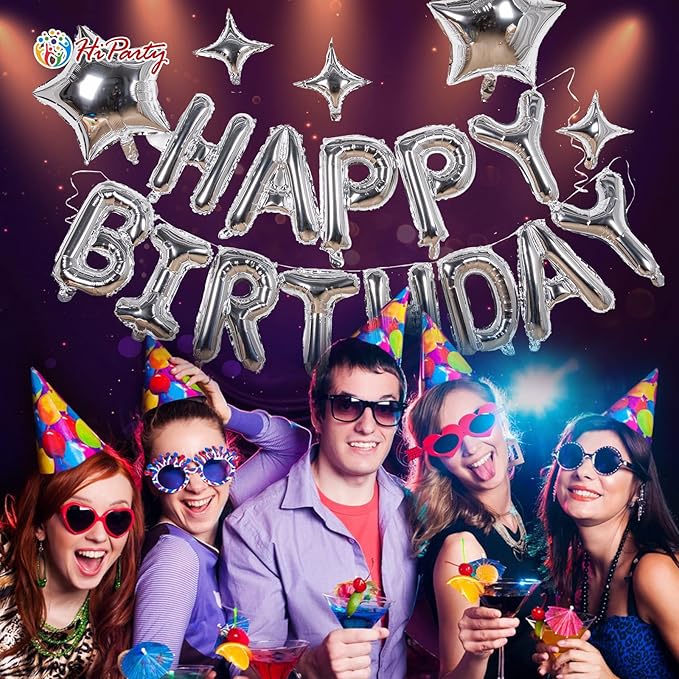23 Pcs Happy Birthday Balloons Banner, 16 Inch Silver Balloons Mylar Foil Letter with 5pcs Star Balloons Kits for Kids Boys Men Women and Girls Birthday Party Decoration Supplies