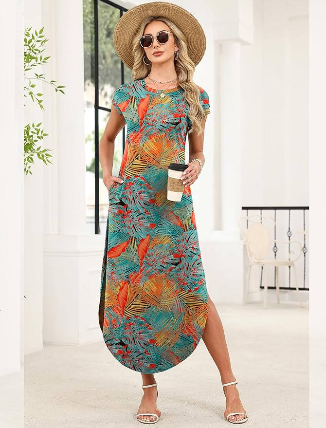 WIHOLL Summer Dresses Cap Sleeve Crewneck Maxi Long Casual Dress with Pockets Beach Vacation Sundresses 2026 Trendy