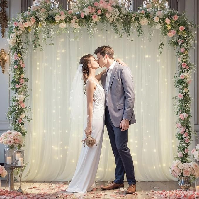 10x10ft Ivory Tulle Backdrop Curtain with Lights String for Parites, Sheer Photo Backdrop Curtain Drapes for Wedding Baby Shower Birthday Party Photo Shoot Decorations